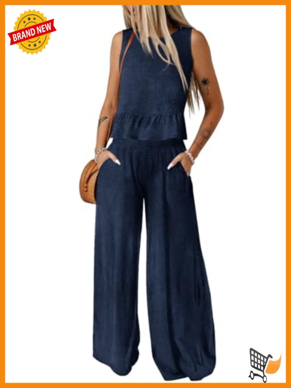 Womens 2 Piece Outfit Sleeveless Tank Top Wide Leg Pants Set with Pockets